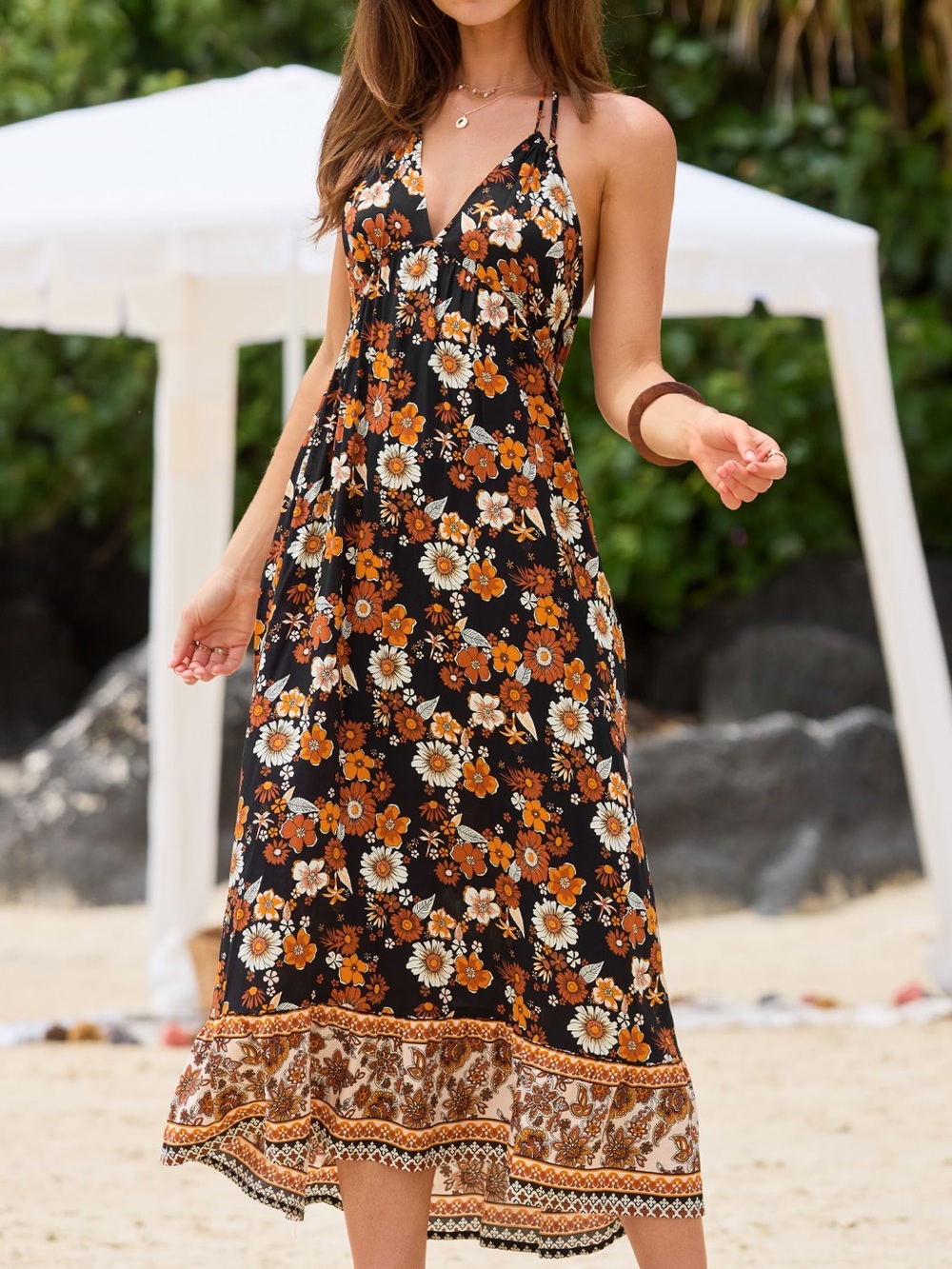 Cupshe I-13 Autumn Florals Halterneck Dress Spaghetti-Strap Midi Size Large